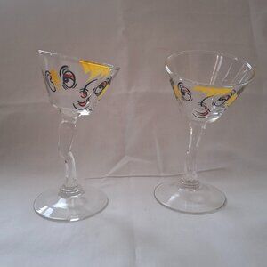 Cocktail Glasses Vintage 1950s Set of 2 Gay Fad Bent Stem Tipsy Hand Painted